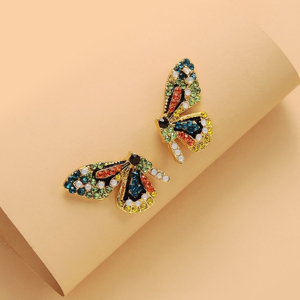 Crystal Butterfly Wings Gold Stud Earrings - Picture 5 of 5